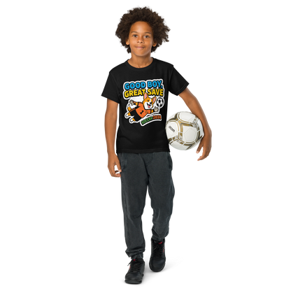 Good Boy Great Save kids' soccer 2026 performance tee — black, model front alternate
