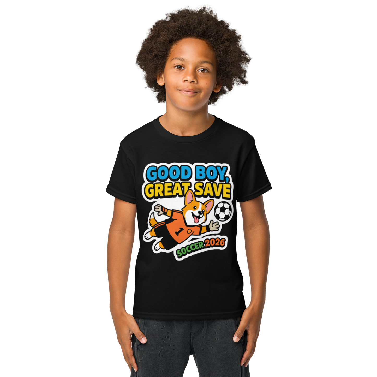 Good Boy Great Save kids' soccer 2026 performance tee — black, lifestyle