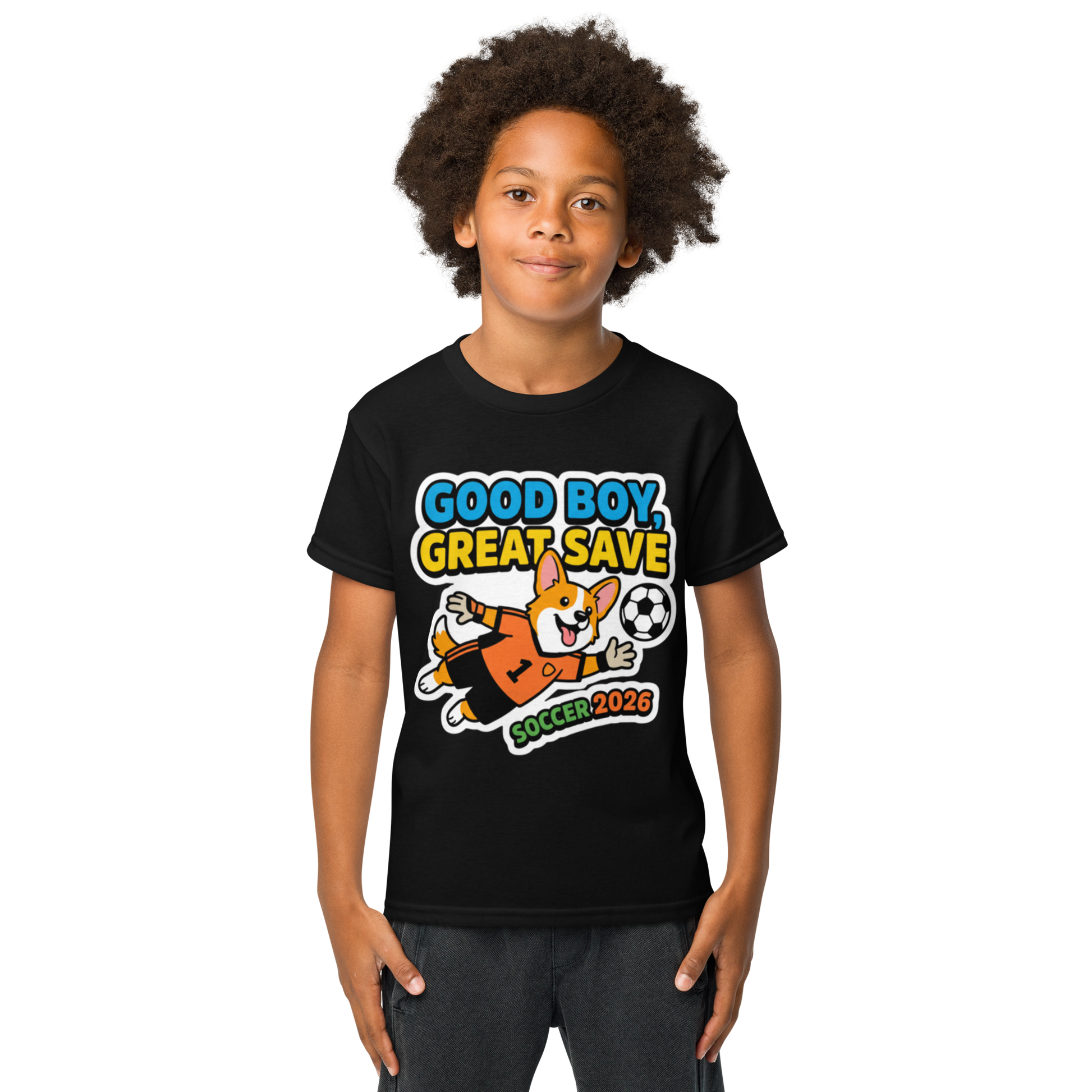 Good Boy Great Save kids' soccer 2026 performance tee — black, lifestyle