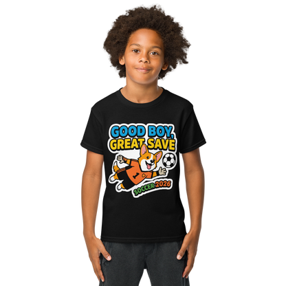 Good Boy Great Save kids' soccer 2026 performance tee — black, lifestyle