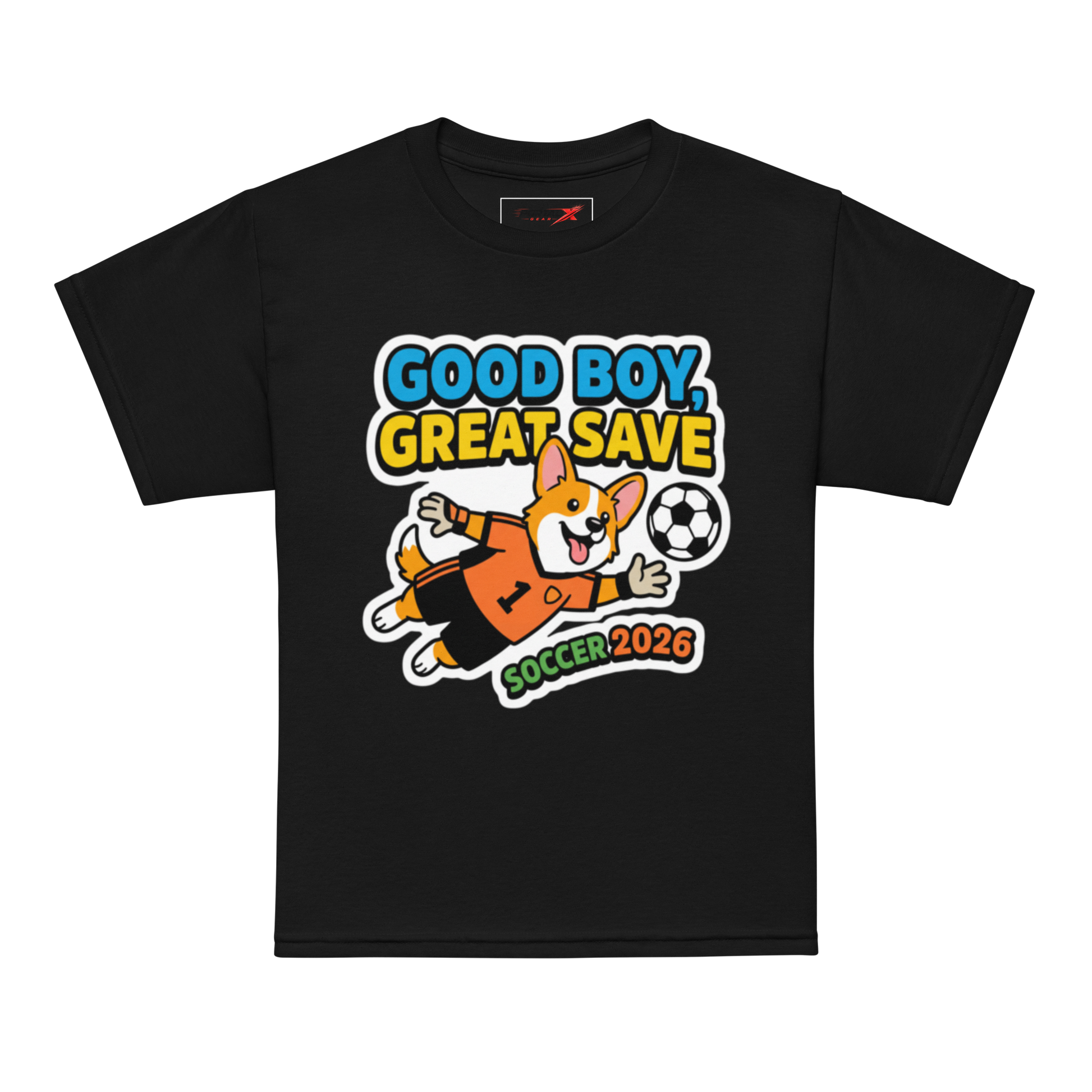Good Boy Great Save kids' soccer 2026 performance tee — black, front detail