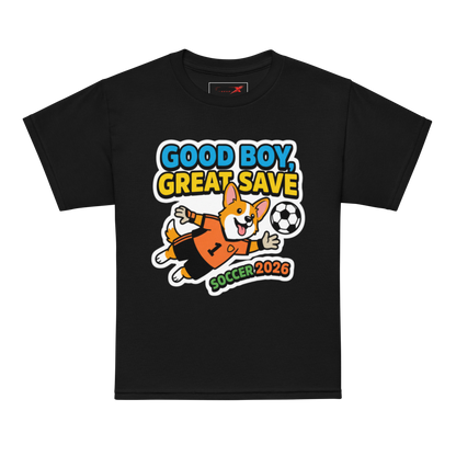 Good Boy Great Save kids' soccer 2026 performance tee — black, front detail