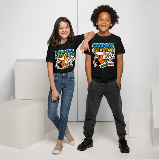 Good Boy Great Save kids' soccer 2026 performance tee — black, model front