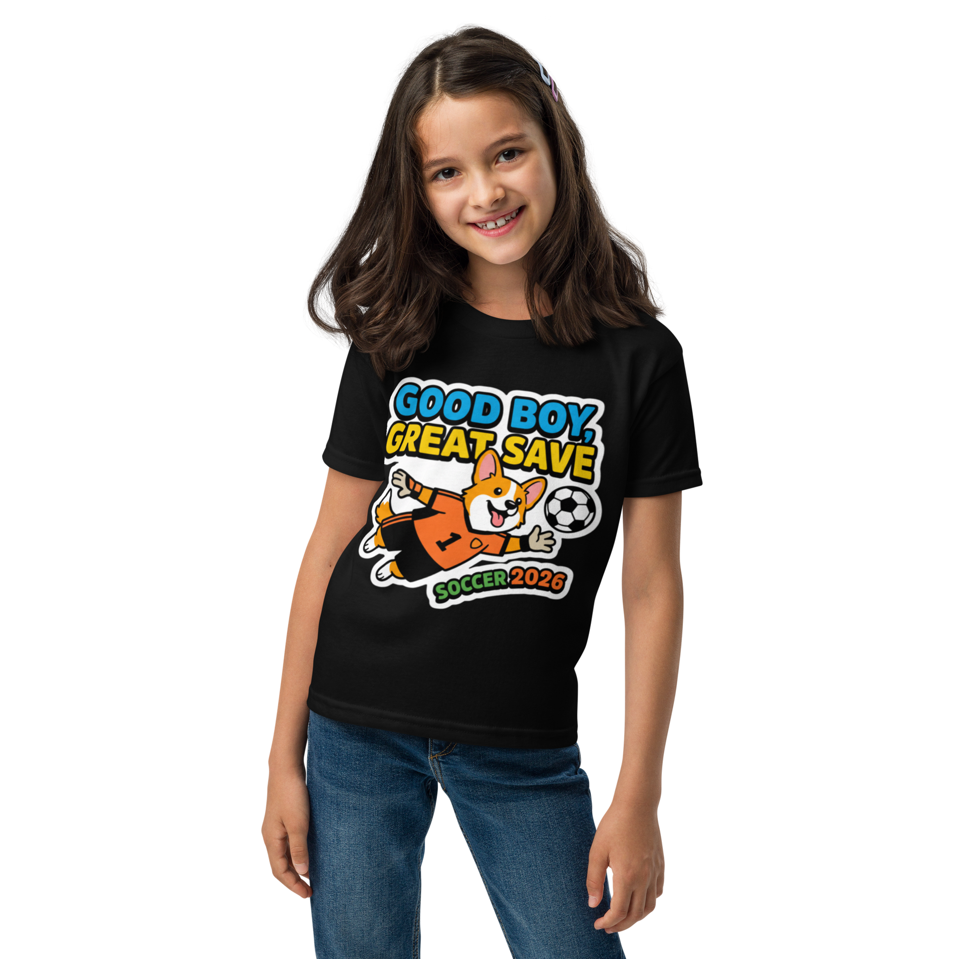 Good Boy Great Save kids' soccer 2026 performance tee — black, front view