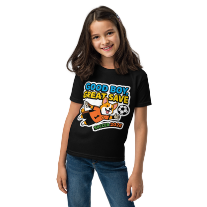Good Boy Great Save kids' soccer 2026 performance tee — black, front view