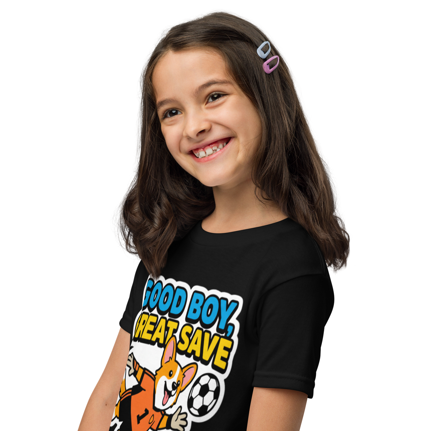 Good Boy Great Save kids' soccer 2026 performance tee — black, left side view