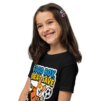 Good Boy Great Save kids' soccer 2026 performance tee — black, left side view