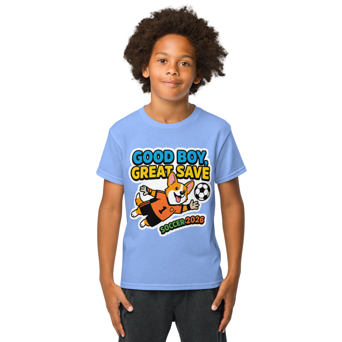 Good Boy Great Save kids' soccer 2026 performance tee — carolina blue, lifestyle
