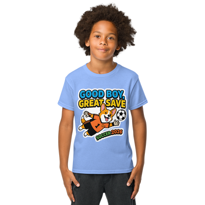 Good Boy Great Save kids' soccer 2026 performance tee — carolina blue, lifestyle
