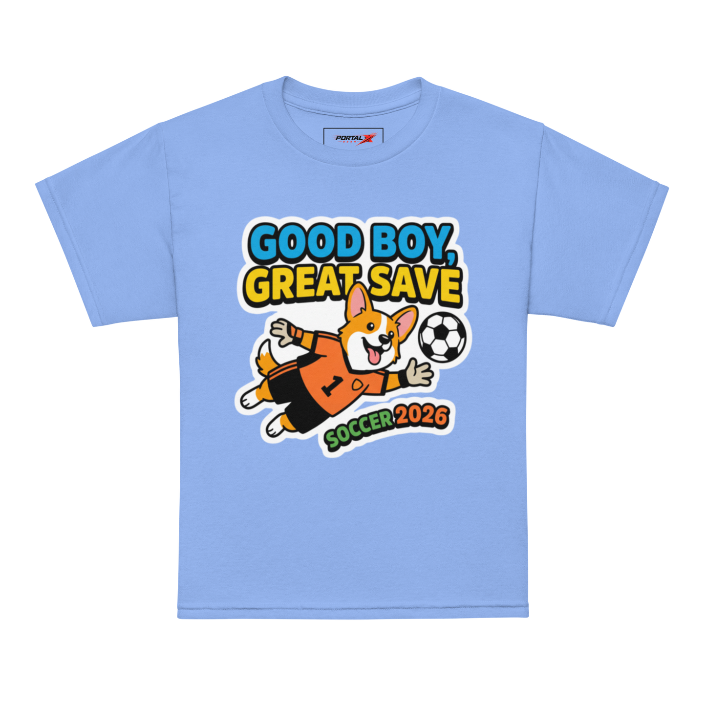Good Boy Great Save kids' soccer 2026 performance tee — carolina blue, model front