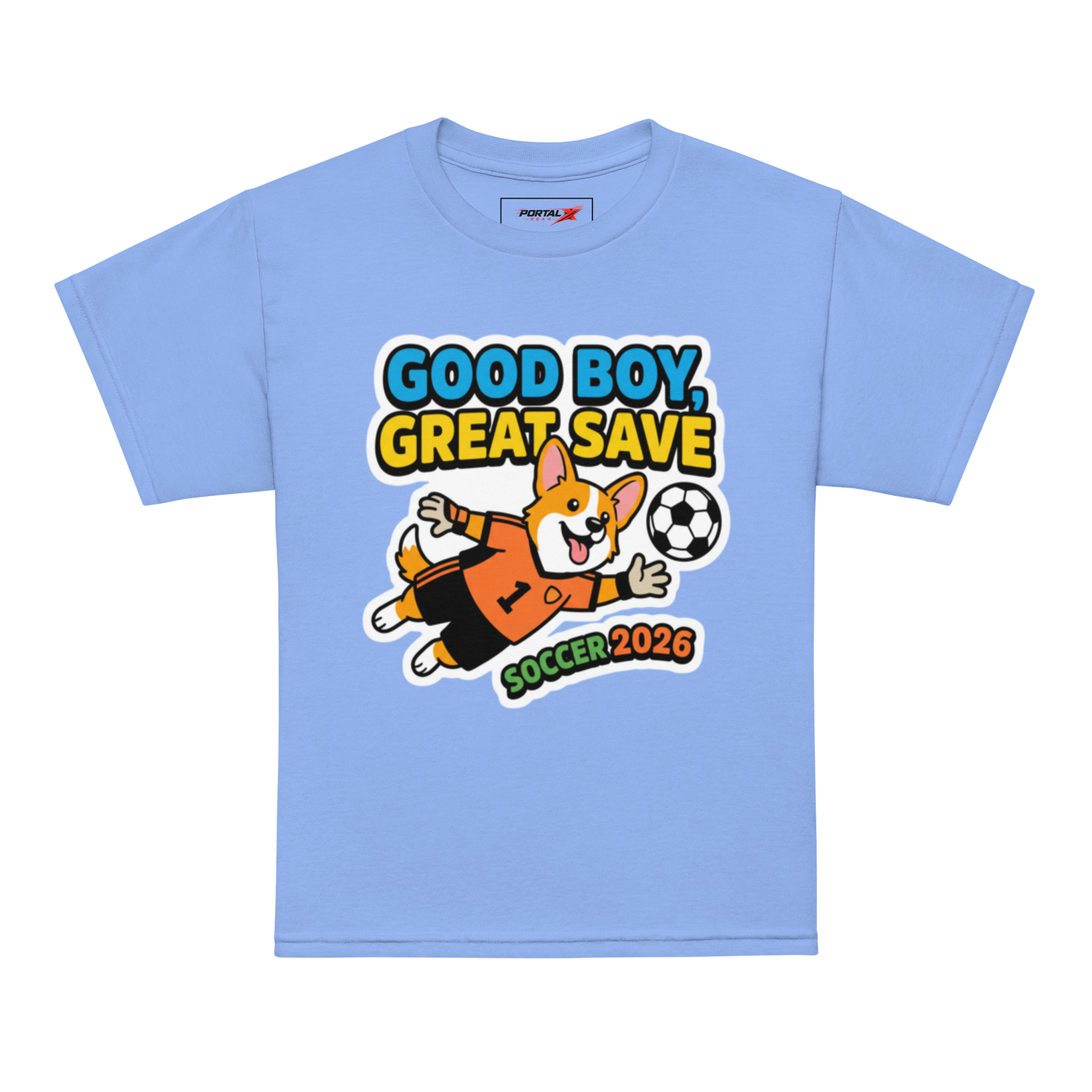 Good Boy Great Save kids' soccer 2026 performance tee — carolina blue, model front