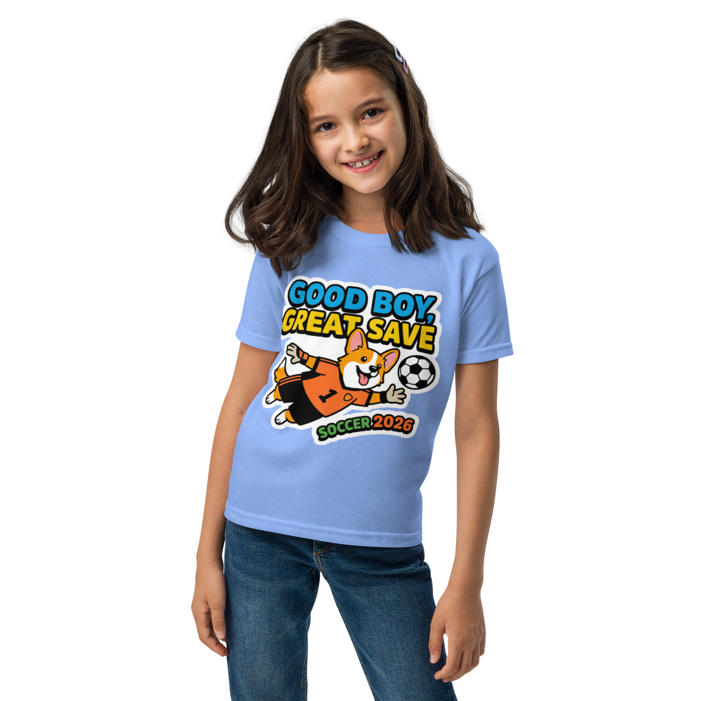 Good Boy Great Save kids' soccer 2026 performance tee — carolina blue, front view