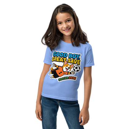 Good Boy Great Save kids' soccer 2026 performance tee — carolina blue, front view