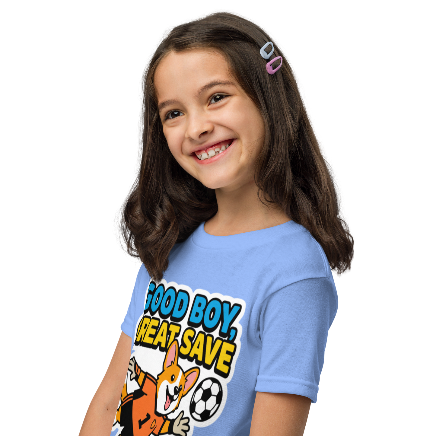 Good Boy Great Save kids' soccer 2026 performance tee — carolina blue, left side view