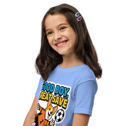 Good Boy Great Save kids' soccer 2026 performance tee — carolina blue, left side view
