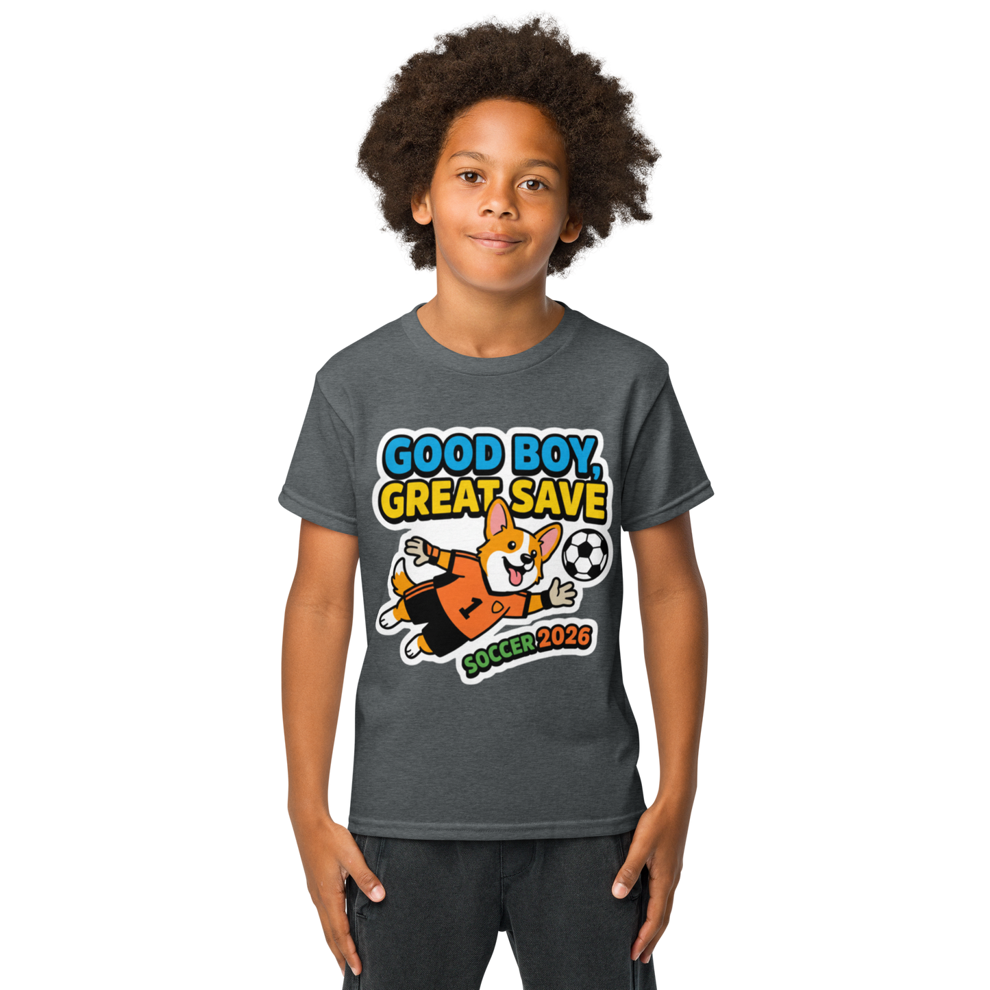 Good Boy Great Save kids' soccer 2026 performance tee — dark heather, lifestyle