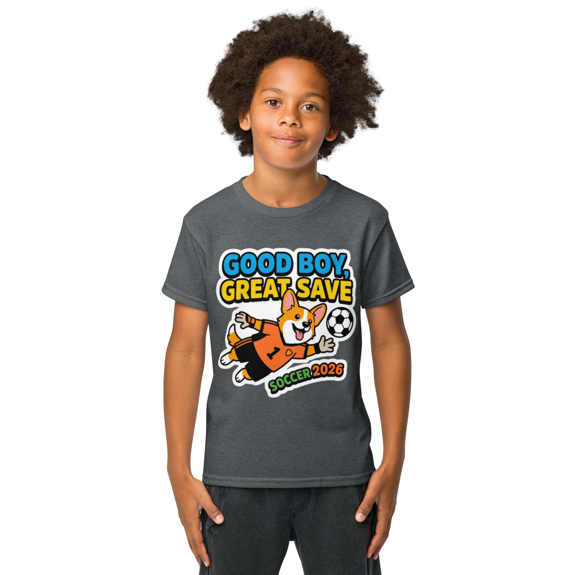 Good Boy Great Save kids' soccer 2026 performance tee — dark heather, lifestyle