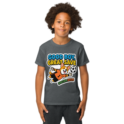 Good Boy Great Save kids' soccer 2026 performance tee — dark heather, lifestyle