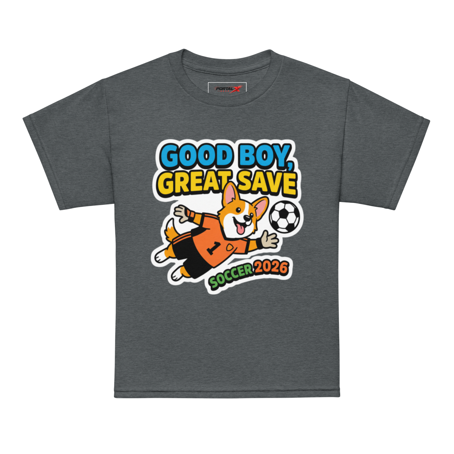 Good Boy Great Save kids' soccer 2026 performance tee — dark heather, model front