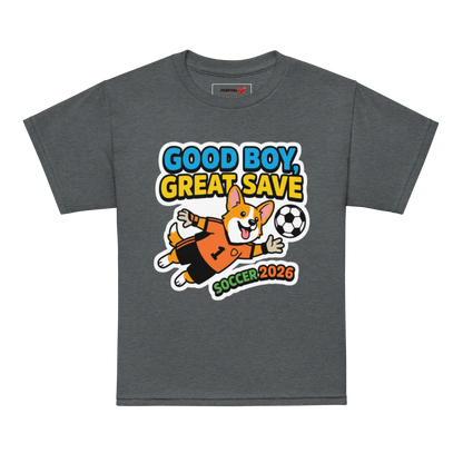 Good Boy Great Save kids' soccer 2026 performance tee — dark heather, model front