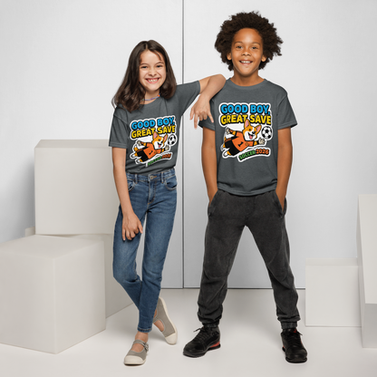 Good Boy Great Save kids' soccer 2026 performance tee — dark heather, front detail