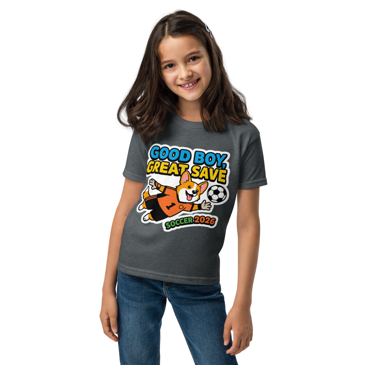 Good Boy Great Save kids' soccer 2026 performance tee — dark heather, front view