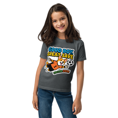 Good Boy Great Save kids' soccer 2026 performance tee — dark heather, front view