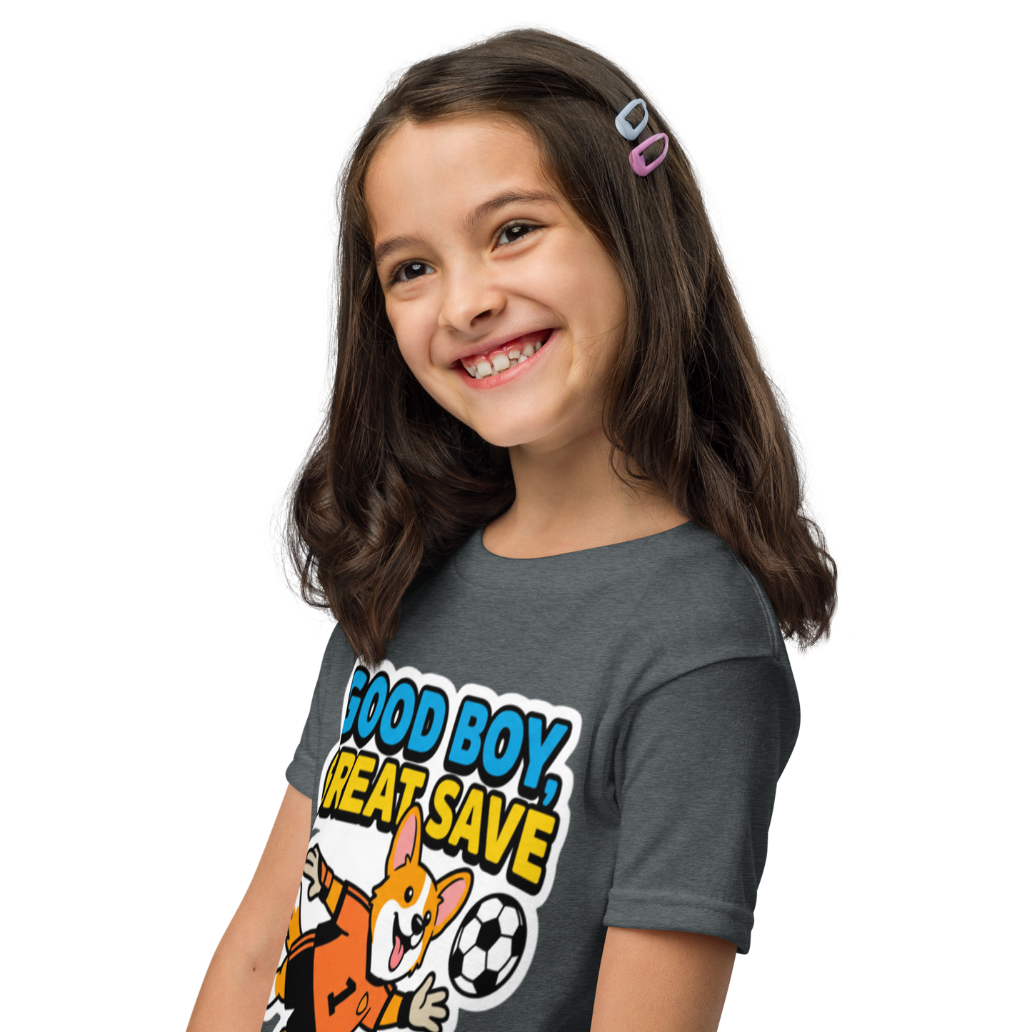 Good Boy Great Save kids' soccer 2026 performance tee — dark heather, left side view