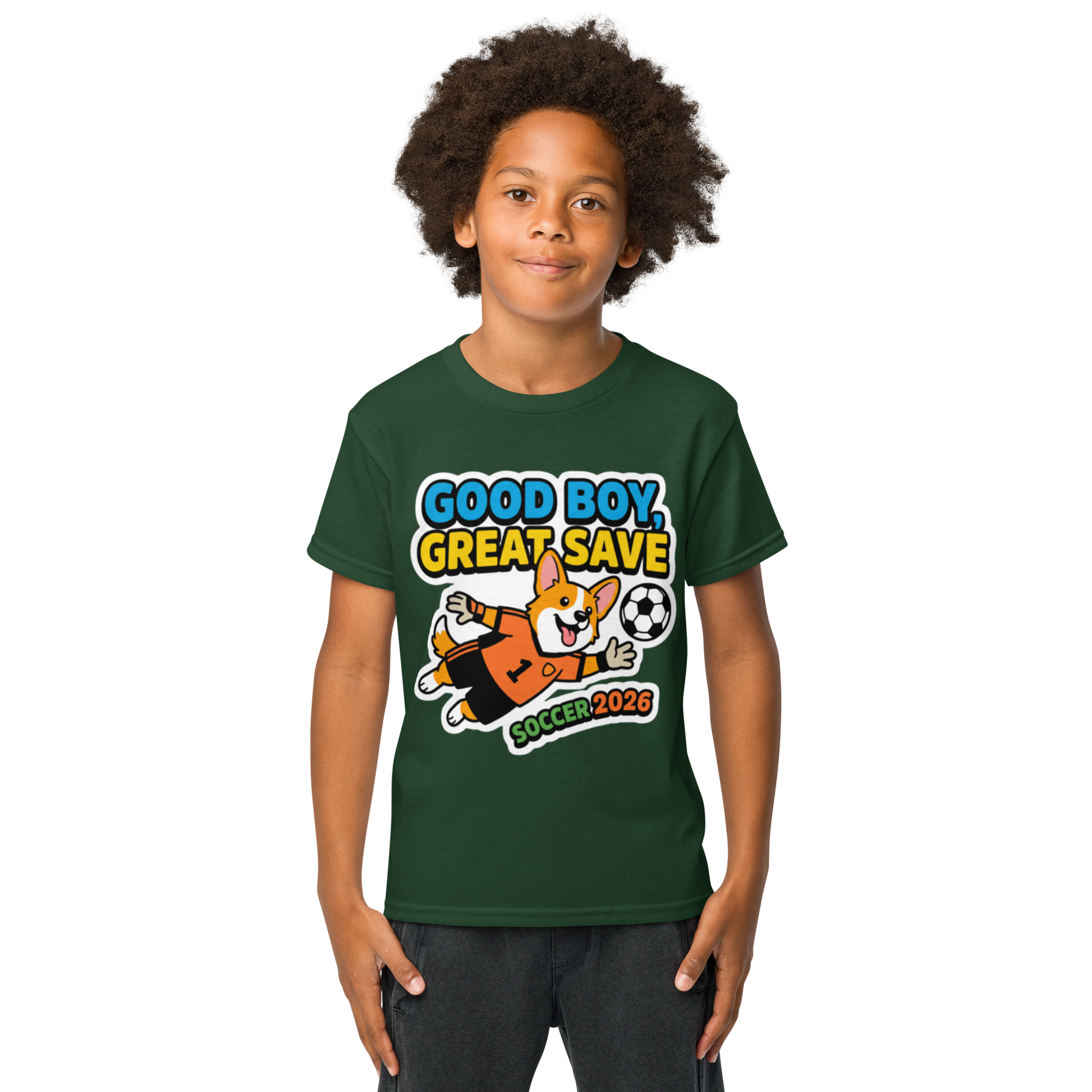 Good Boy Great Save kids' soccer 2026 performance tee — forest green, lifestyle