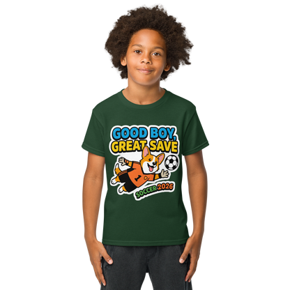 Good Boy Great Save kids' soccer 2026 performance tee — forest green, lifestyle