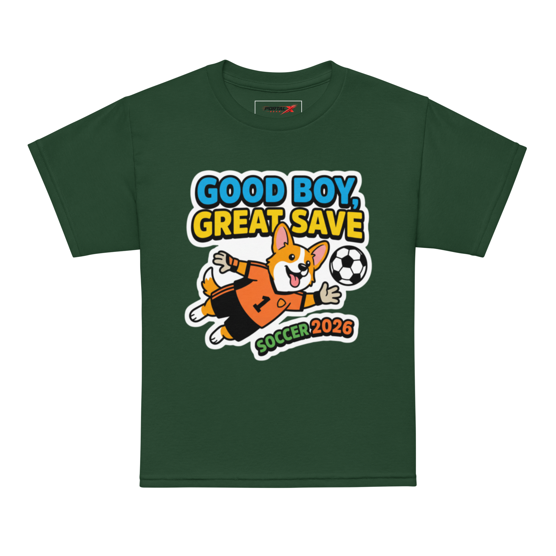 Good Boy Great Save kids' soccer 2026 performance tee — forest green, model front
