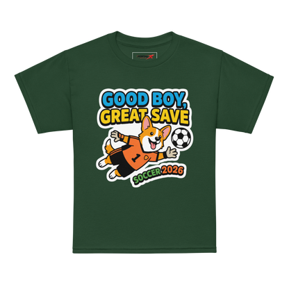 Good Boy Great Save kids' soccer 2026 performance tee — forest green, model front