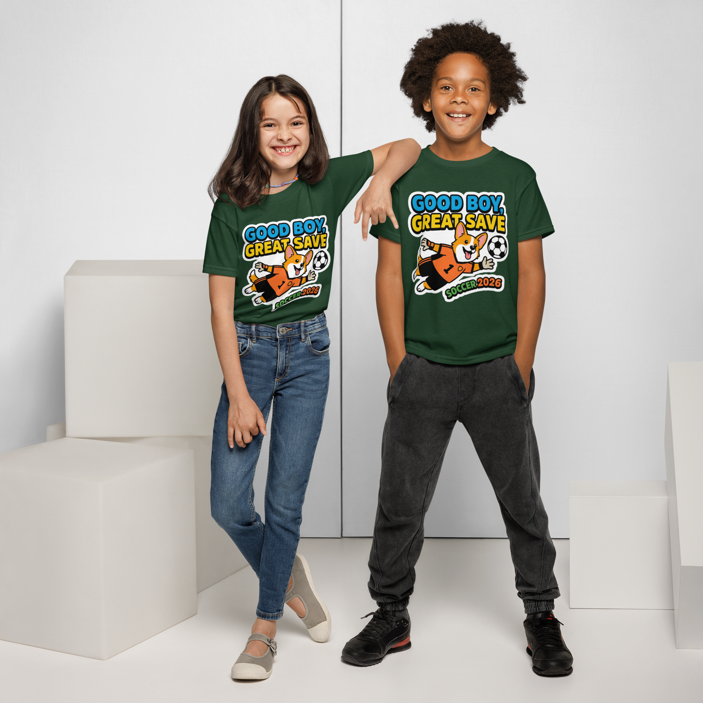 Good Boy Great Save kids' soccer 2026 performance tee — forest green, front detail