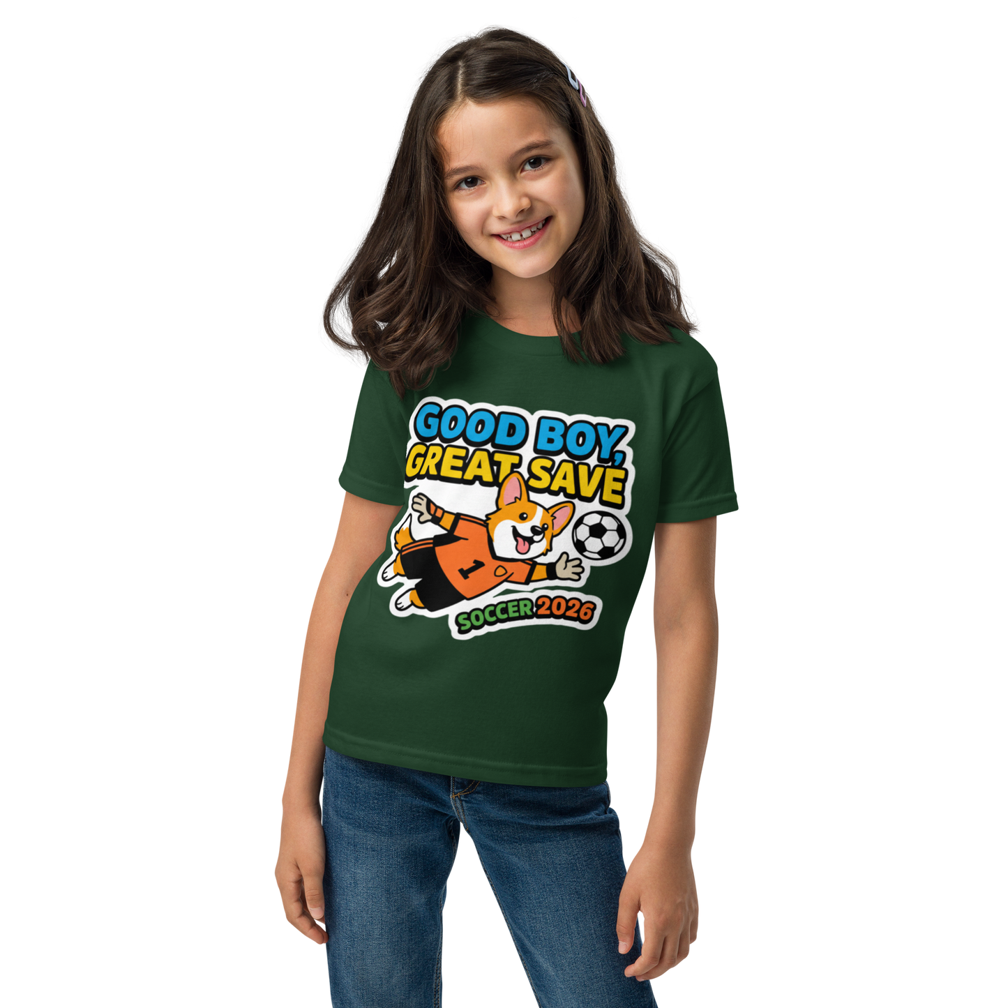 Good Boy Great Save kids' soccer 2026 performance tee — forest green, front view