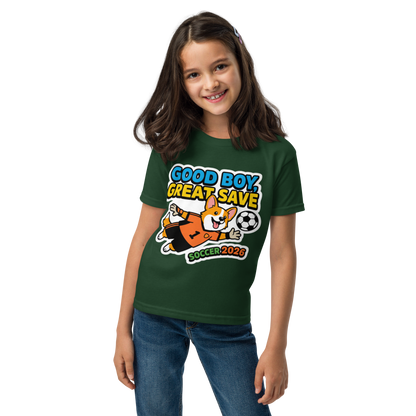 Good Boy Great Save kids' soccer 2026 performance tee — forest green, front view