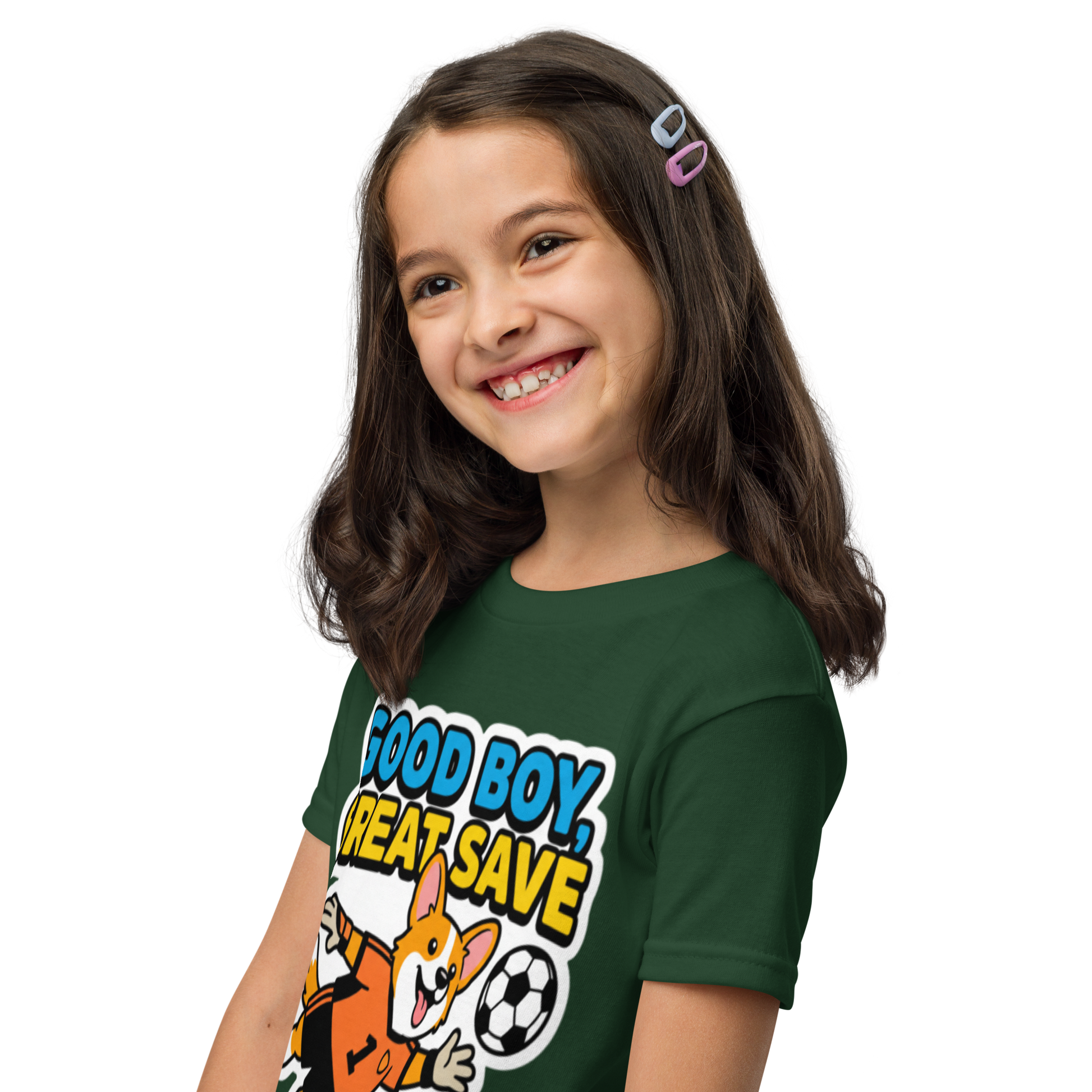 Good Boy Great Save kids' soccer 2026 performance tee — forest green, left side view