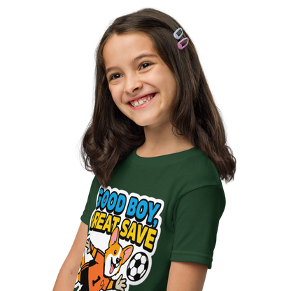 Good Boy Great Save kids' soccer 2026 performance tee — forest green, left side view