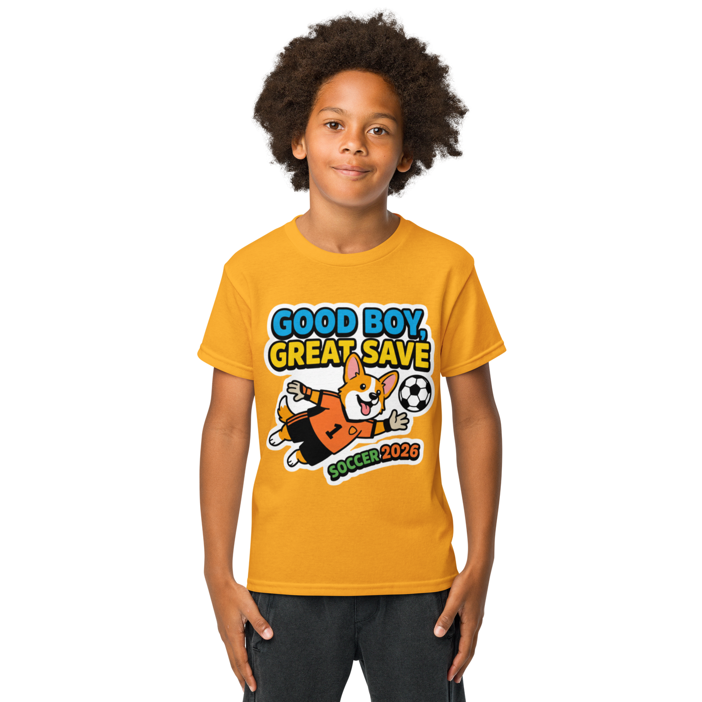 Good Boy Great Save kids' soccer 2026 performance tee — gold, lifestyle