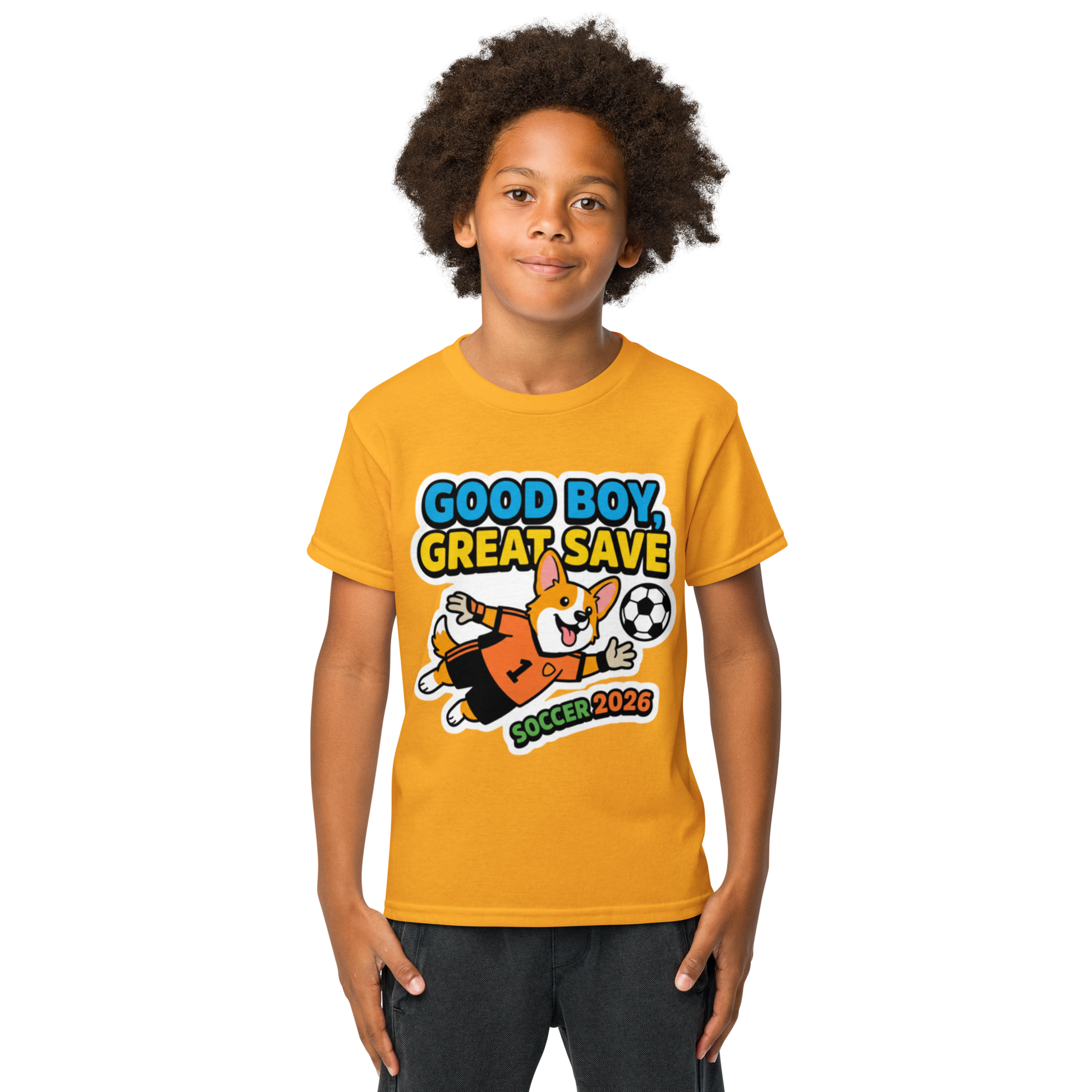 Good Boy Great Save kids' soccer 2026 performance tee — gold, lifestyle