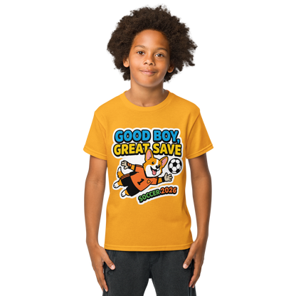 Good Boy Great Save kids' soccer 2026 performance tee — gold, lifestyle