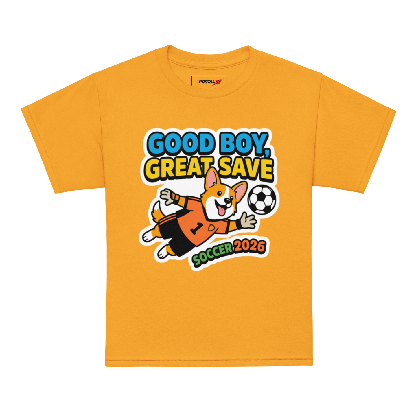 Good Boy Great Save kids' soccer 2026 performance tee — gold, model front