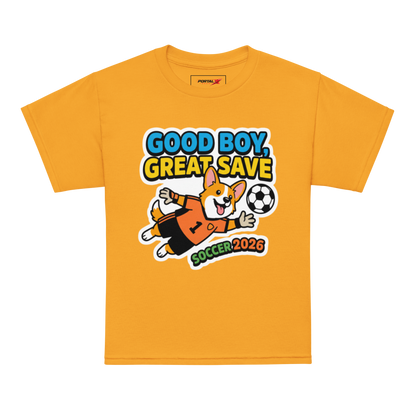 Good Boy Great Save kids' soccer 2026 performance tee — gold, model front