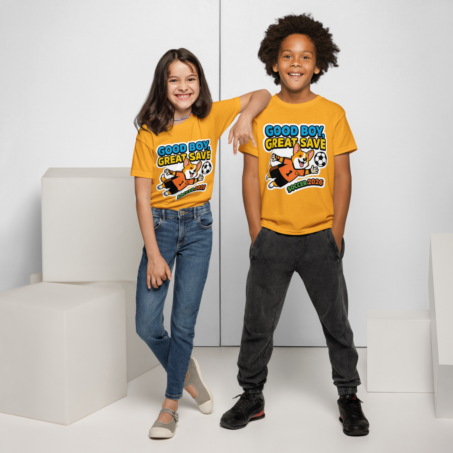 Good Boy Great Save kids' soccer 2026 performance tee — gold, front detail