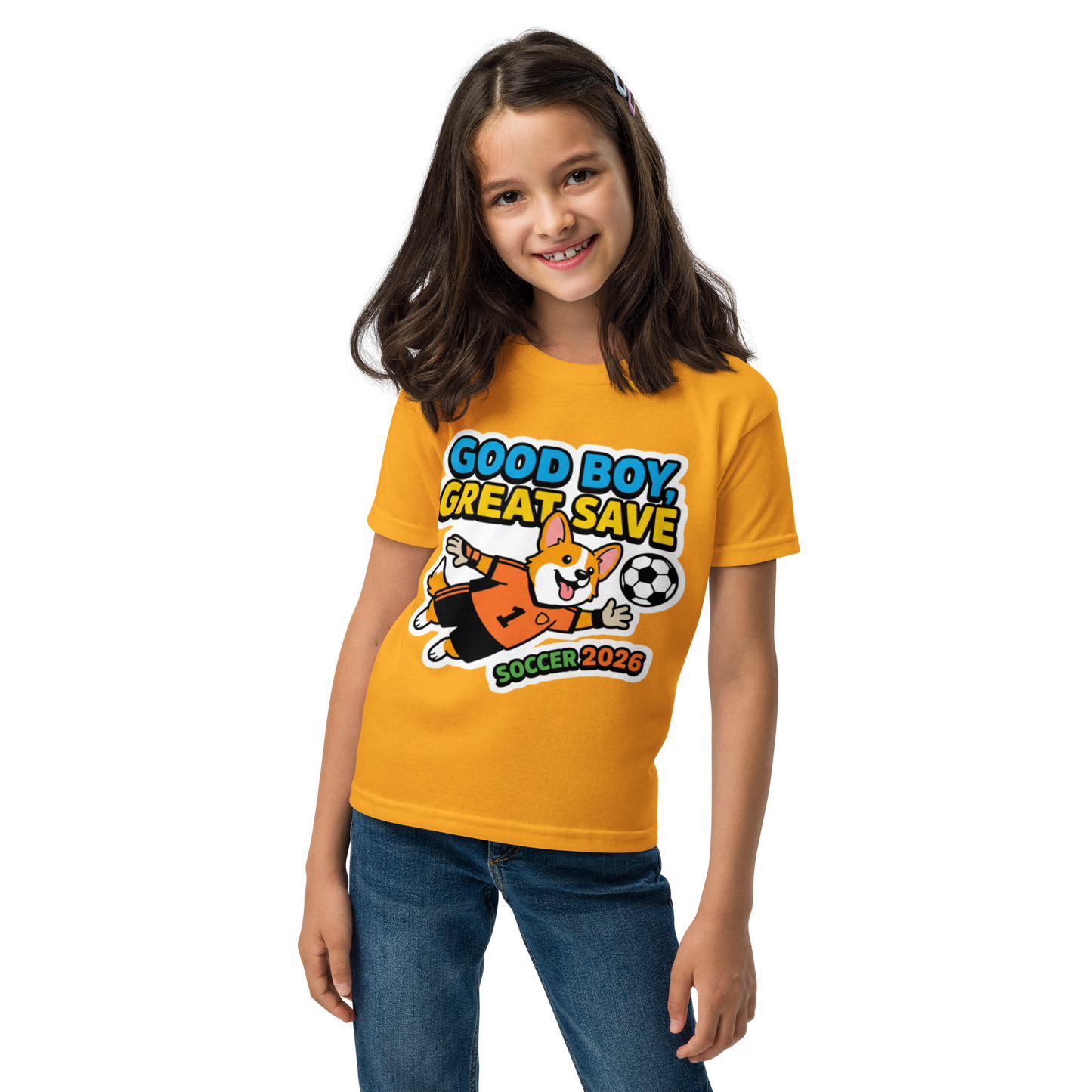Good Boy Great Save kids' soccer 2026 performance tee — gold, front view
