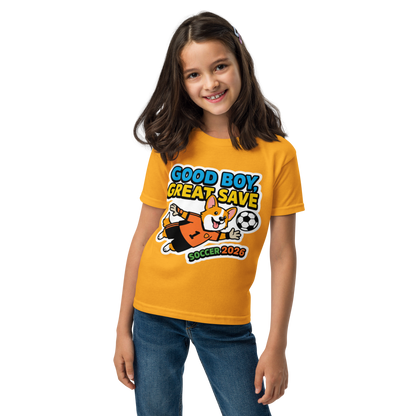 Good Boy Great Save kids' soccer 2026 performance tee — gold, front view