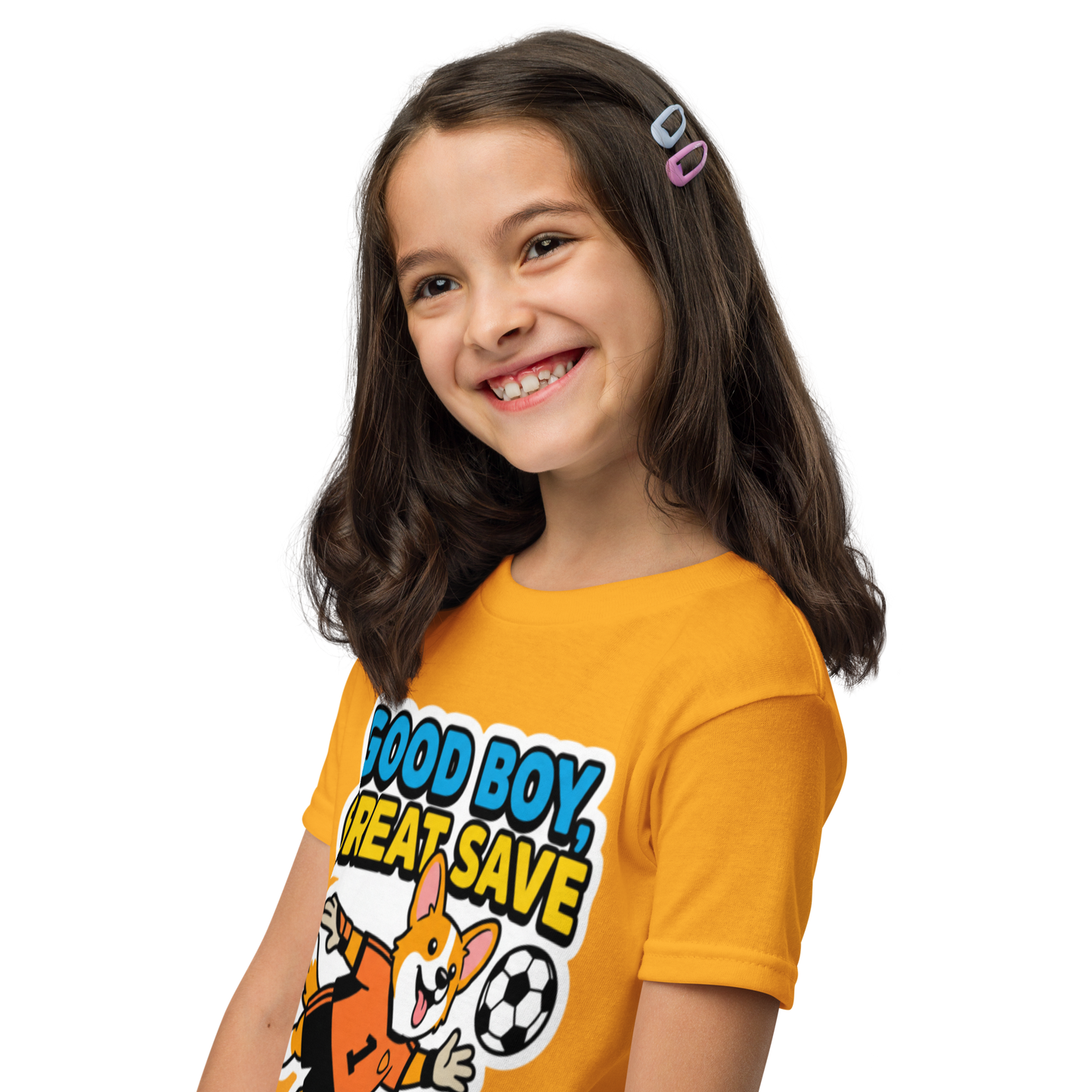 Good Boy Great Save kids' soccer 2026 performance tee — gold, left side view