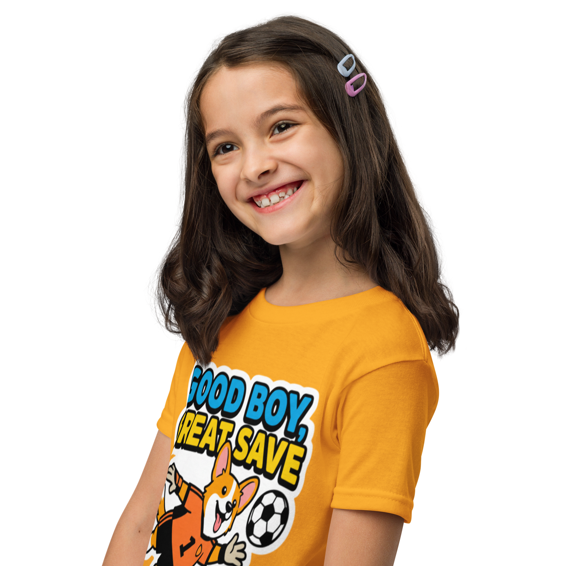 Good Boy Great Save kids' soccer 2026 performance tee — gold, left side view