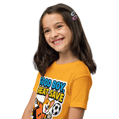 Good Boy Great Save kids' soccer 2026 performance tee — gold, left side view