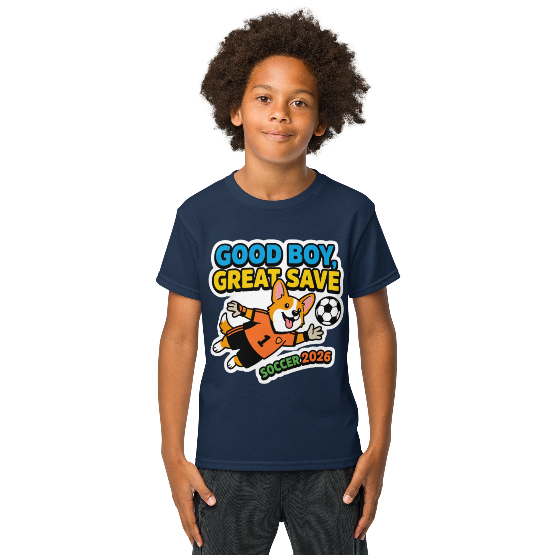 Good Boy Great Save kids' soccer 2026 performance tee — navy, lifestyle