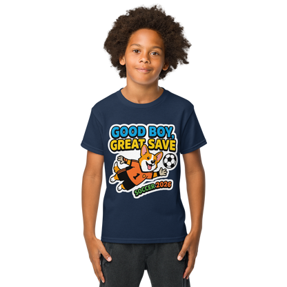 Good Boy Great Save kids' soccer 2026 performance tee — navy, lifestyle